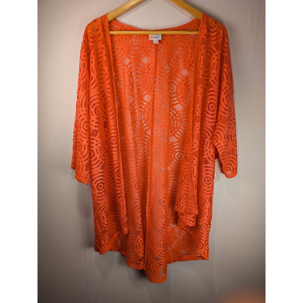 LuLaRoe Lindsay Kimono Cardigan Medium Orange Lace Open Front 3/4 Sleeve NWT